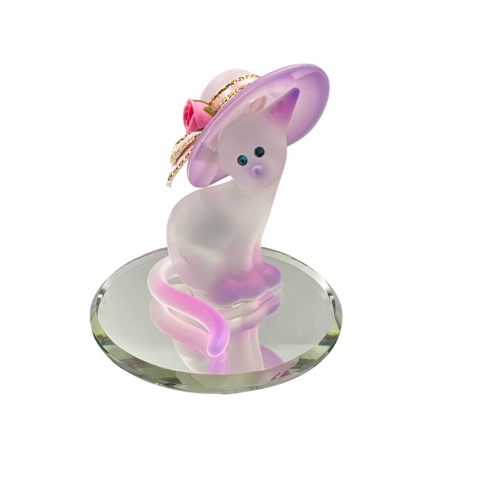 Glass Baron Cat W Hat #S3 101-H Decorated W Swarovski Crystals Figurine VTG Pink